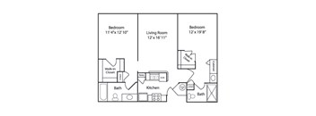 A floor plan of a home with three bedrooms, a living room, a kitchen, two bathrooms, a pantry, a walk-in closet, and a linen closet.