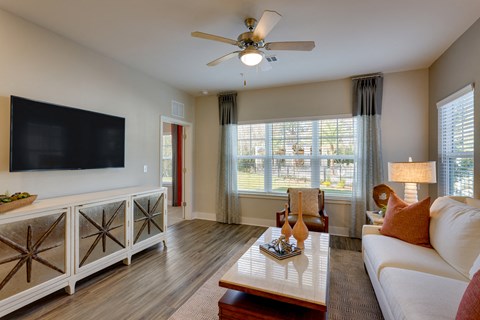 a living room with a ceiling fan and a television