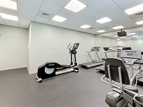 A gym with treadmills, elliptical machines, and other exercise equipment.