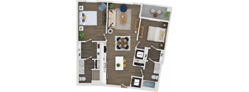 A top-down view of a living room, kitchen, and dining area.