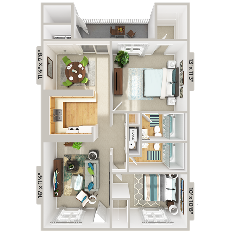 2 bedroom 2 bathroom floorplan at Patriot Point Apartment Homes, Spring Lake, NC 