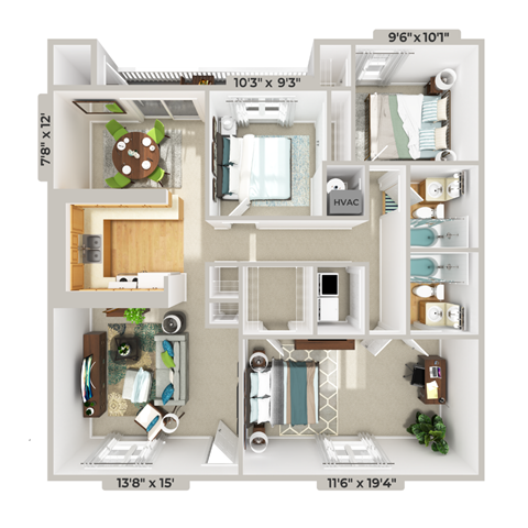 3 bedroom 2 bathroom floorplan at Patriot Point Apartment Homes, Spring Lake, NC 28390