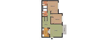 A floor plan of a house with two bedrooms, a living room, a dining room, a kitchen, a bathroom, and a balcony.