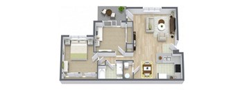 Two bedroom one bath 834 square foot floorplan