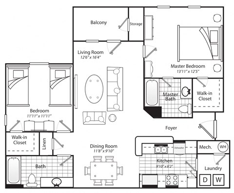 Two Bedroom Two Bath 1175 Square Feet