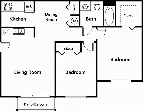 2 Bedroom 1 Bathroom Floor Plan 761 square feet