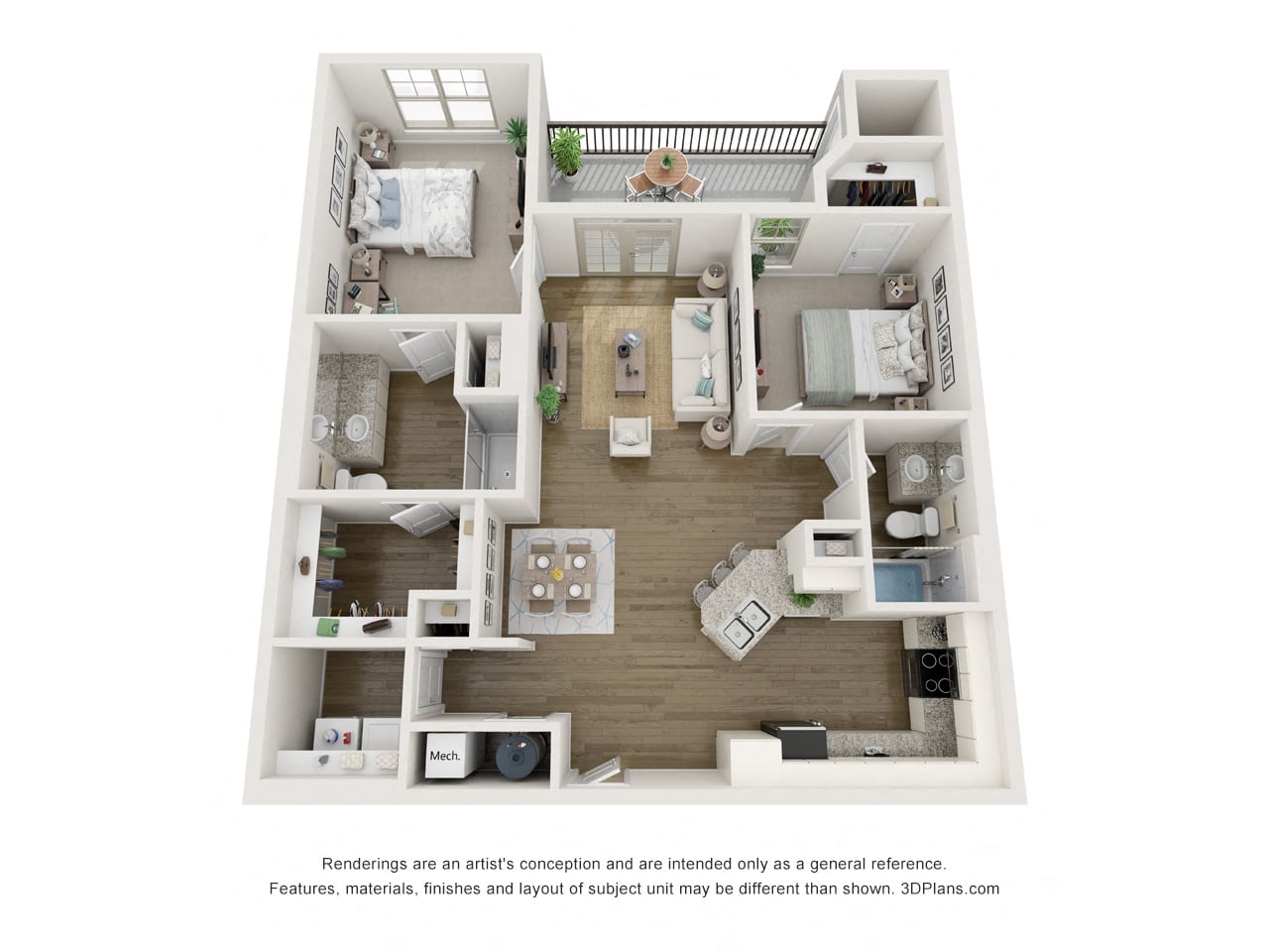 Two bedroom two bath floor plan A at Litchford 315 Apartments, Raleigh, 27615