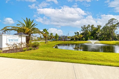 a park with a pond and palm trees