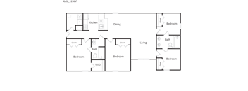 A floor plan of a house with a kitchen, dining room, living room and four bedrooms.