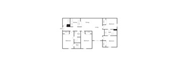 A floor plan of a house with a kitchen, dining room, living room, and bathrooms.