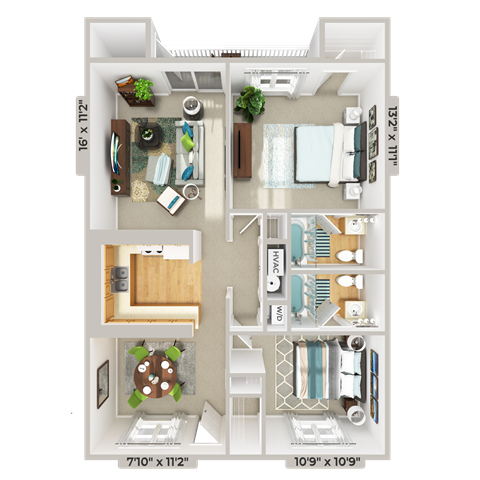 2 bedroom 2 bathroom floorplan at Patriot Point Apartment Homes, North Carolina, 28390