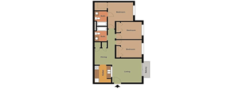 A floor plan of a house with three bedrooms, a living room, a dining room, a kitchen, and a bathroom.