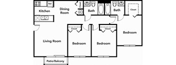 3 Bedroom 2 Bathroom Floor Plan 989 square foot