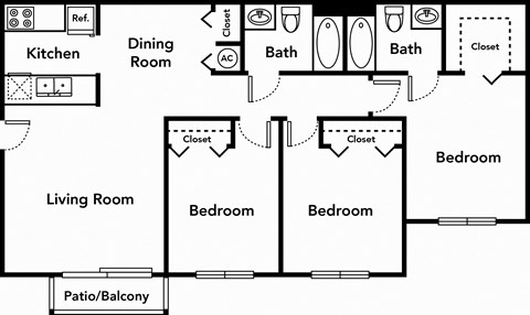 3 Bedroom 2 Bathroom Floor Plan 989 square foot