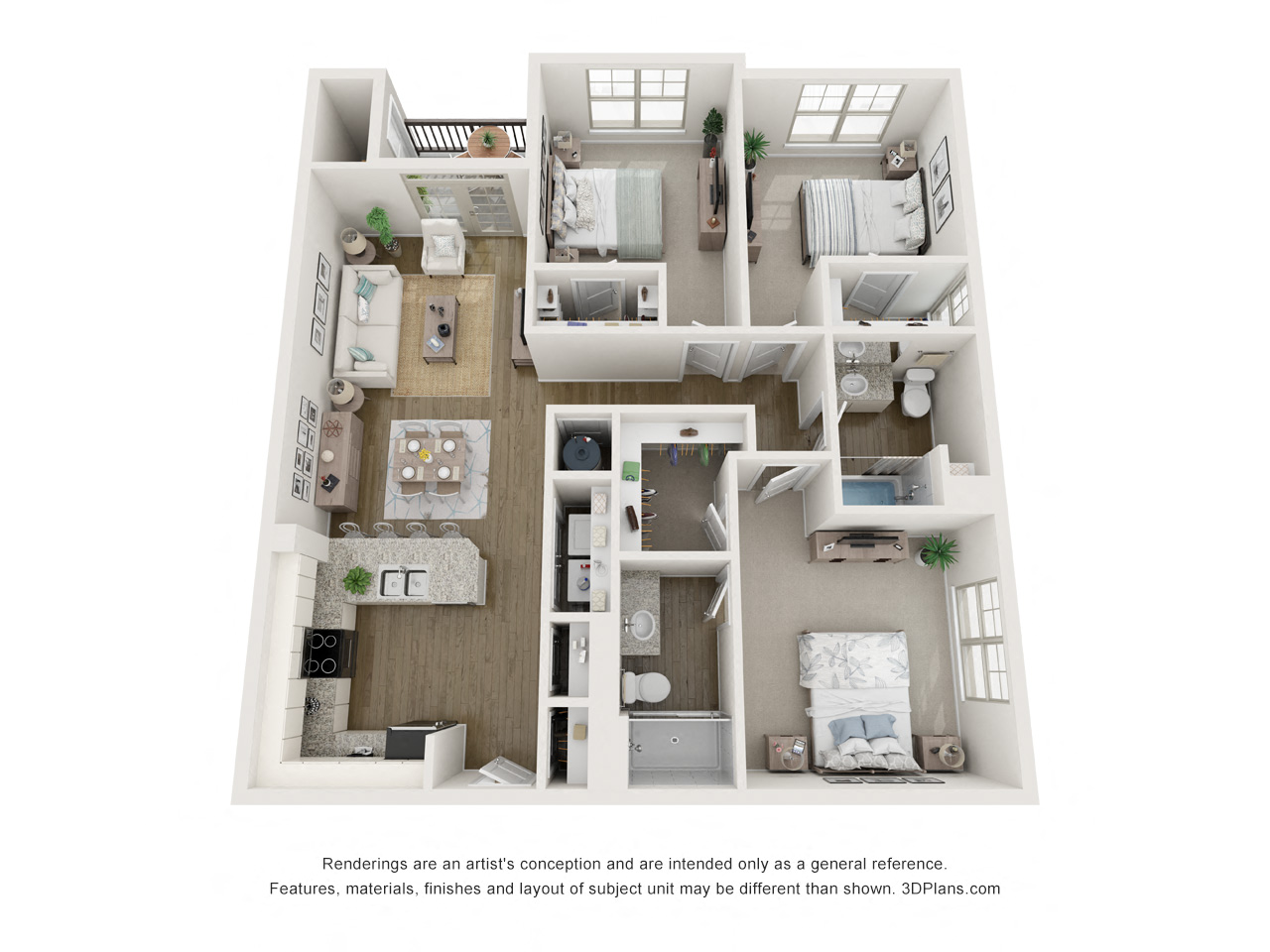 Three bedroom two bathroom floorplan at Litchford 315 Apartments, Raleigh, North Carolina