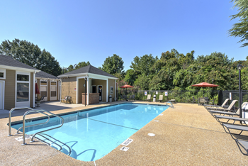 A pool surrounded by trees and chairs at Fox Hollow Apartment Homes, High Point, 27265