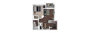 A 3D floor plan of a small apartment with a kitchen, living room, and bathroom.