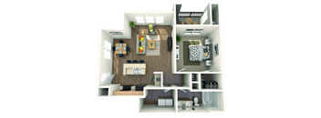 A 3D floor plan of a small apartment with a kitchen, living room, and bedroom.