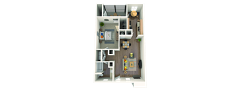 A 3D floor plan of a small apartment with a kitchen, living room, and bedroom.