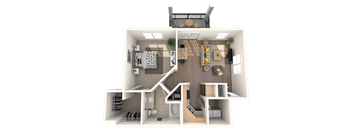 A 3D rendered image of a house layout.