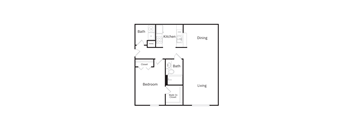 A floor plan of a small apartment with a bedroom, bathroom, kitchen, and dining area.