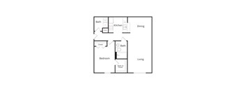 A floor plan of a small apartment with a bedroom, bathroom, kitchen, and dining area.