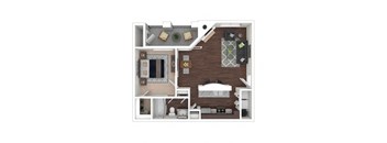A 3D floor plan of a small apartment with a kitchen, living room, and bedroom.