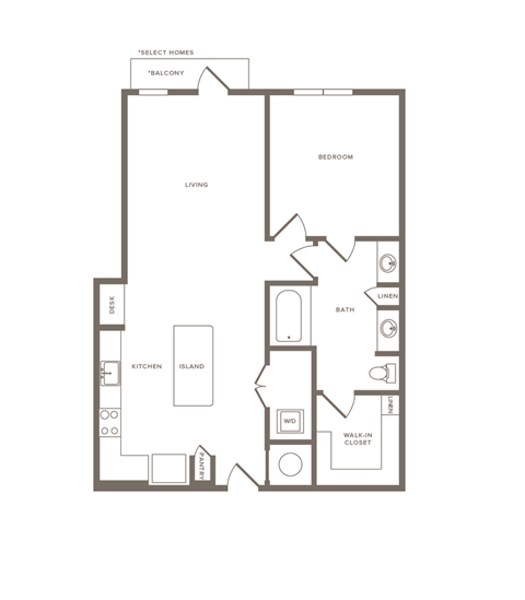 One Bedroom One Bathroom Floorplan 857