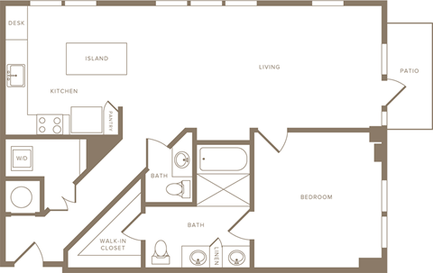 One Bedroom One and a half Bathroom Floorplan 968