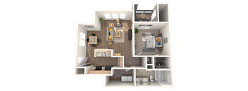 A 3D floor plan of a house showing a kitchen, living room, dining area, and bathroom.