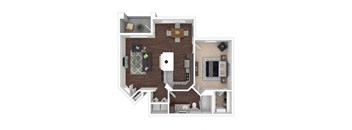 A top-down view of a house layout with a kitchen, living room, and bathroom.