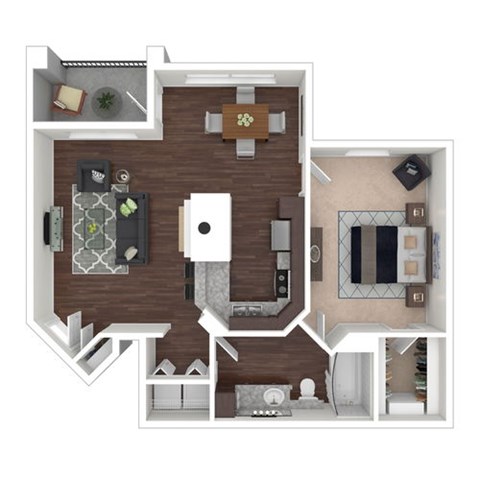A top-down view of a house layout with a kitchen, living room, and bathroom.