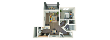 A 3D floor plan of a small apartment with a kitchen, living room, and bedroom.