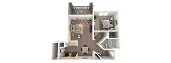 A 3D floor plan of a small apartment with a kitchen, living room, and bathroom.