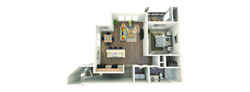 A 3D floor plan of a house with a kitchen, living room, and bedrooms.