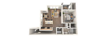 A 3D rendered image of a modern apartment layout.