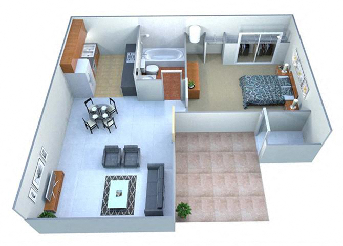 One Bedroom One Bath Floor Plan at Las Villas De Kino Apartments, Arizona, 85706
