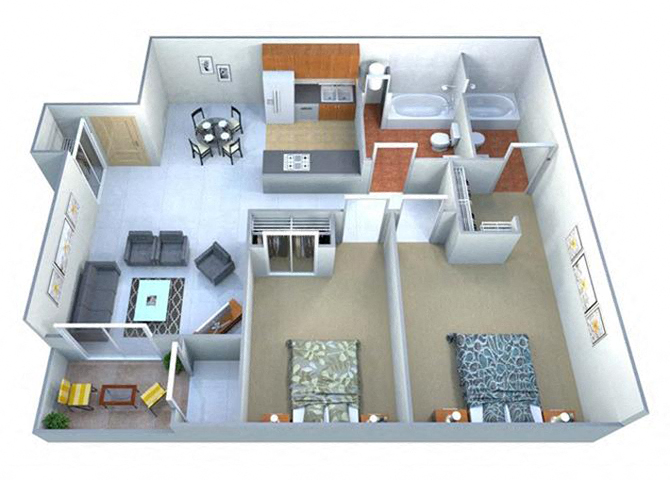Two Bedroom Two Bathroom Floor Plan at Las Villas De Kino Apartments, Tucson, AZ 85706