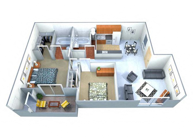 Two Bedroom Two Bathroom Floor Plan at Las Villas De Kino Apartments, Tucson Arizona
