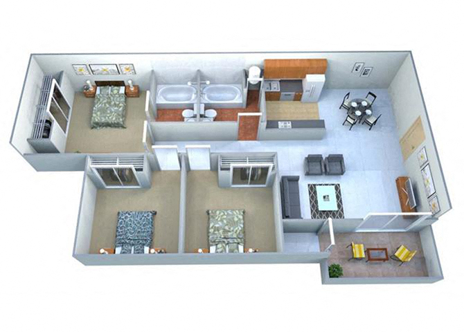 Three Bedroom Two Bathroom Floor Plan at Las Villas De Kino Apartments, Tucson, AZ