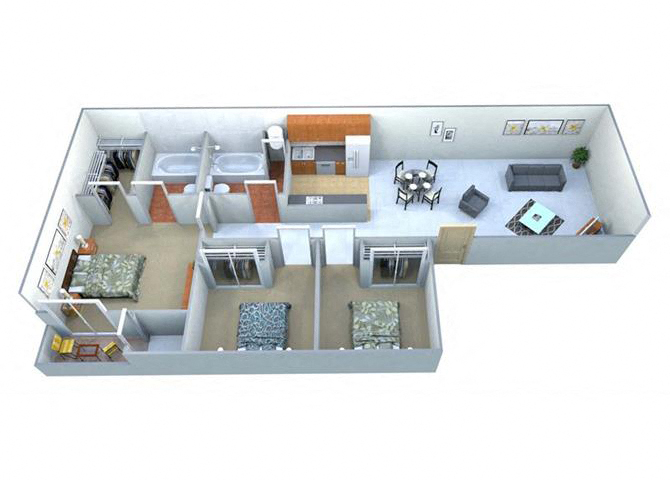 Three Bedroom Two Bathroom at Las Villas De Kino Apartments, Tucson Floor Plan