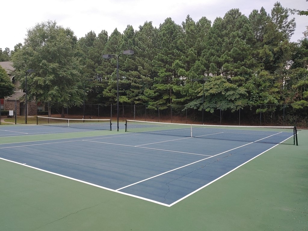 a tennis court with trees in the background