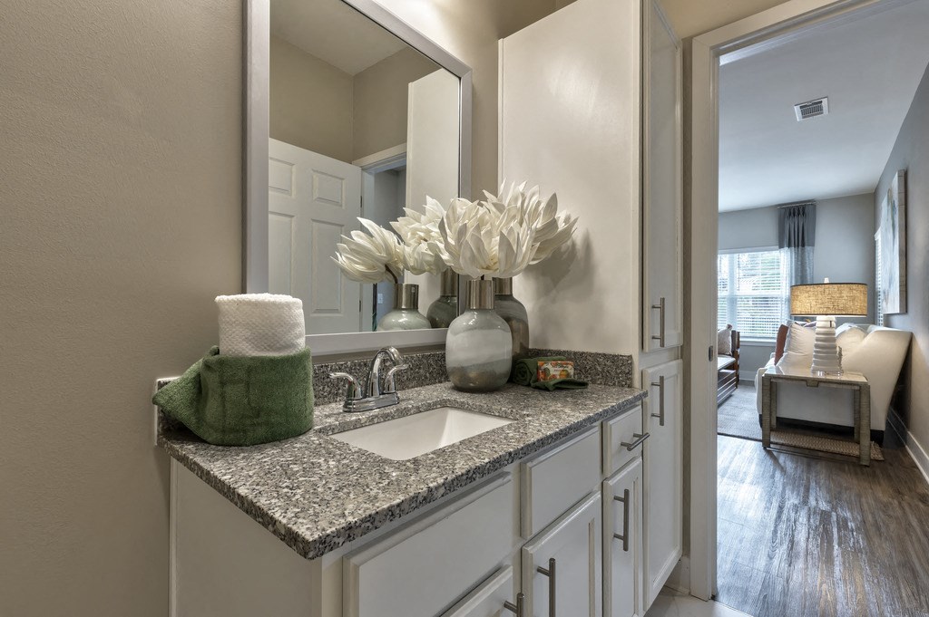 an empty bathroom with a sink and a mirror