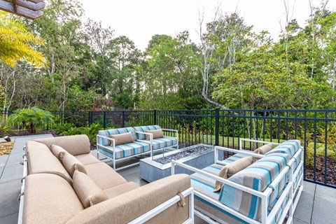 a patio with couches and a fire pit      and trees