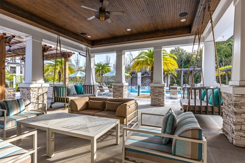 a covered patio with couches and chairs and a swimming pool