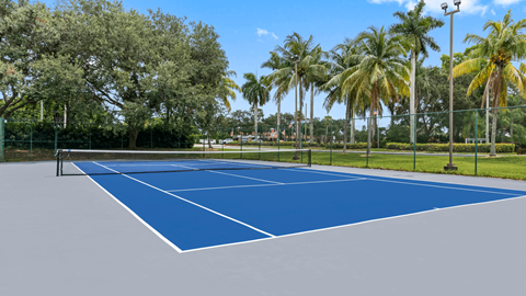 A tennis court surrounded by trees and a fence.