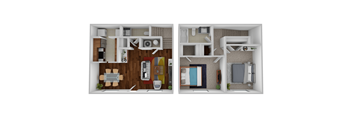 A top down view of a small apartment with a living room, kitchen, and bedroom.