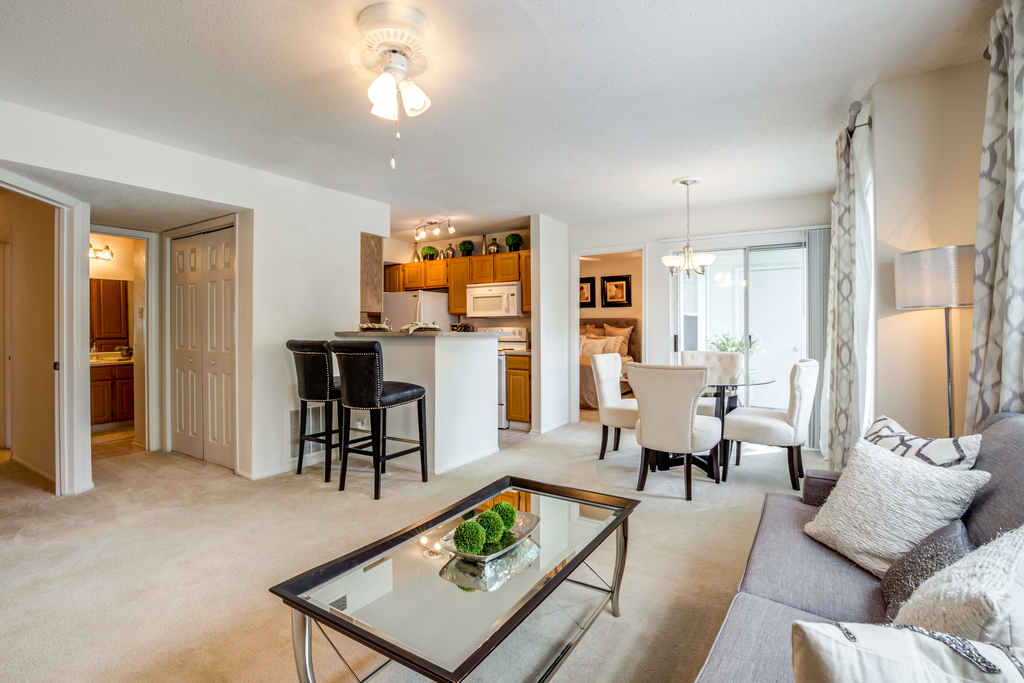 Staged living and dining room with carpet, gray couch with accent pillows, glass coffee table, round dining table with white fabric chairs, black barstools at breakfast bar and ceiling fan with light.