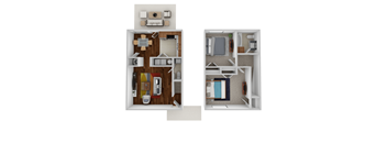A floor plan of a two-bedroom apartment with a kitchen and living room.