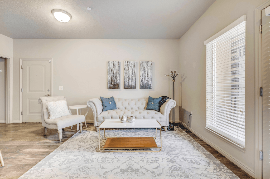 A living room with a white couch and a patterned rug.